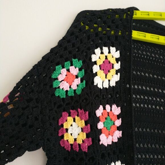 Open Cardigan Womens L Black Crochet Granny Square Patchwork HandMade Sheer Boho - Picture 3 of 6